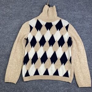 A.P.C. Sweater Womens XL Beige Argyle Virgin Wool Turtleneck Pullover Knit